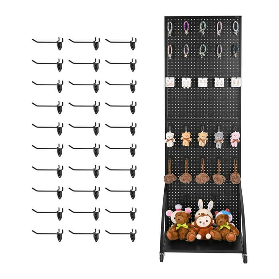 VEVOR Standing Pegboard Display with Base Plate, 23.7 x 66 in Pegboard Display Stand with Casters and 30 Hooks, Thickened Cold-Rolled Steel Peg Board Panel for Retail Store and Jewelry Shop, Black