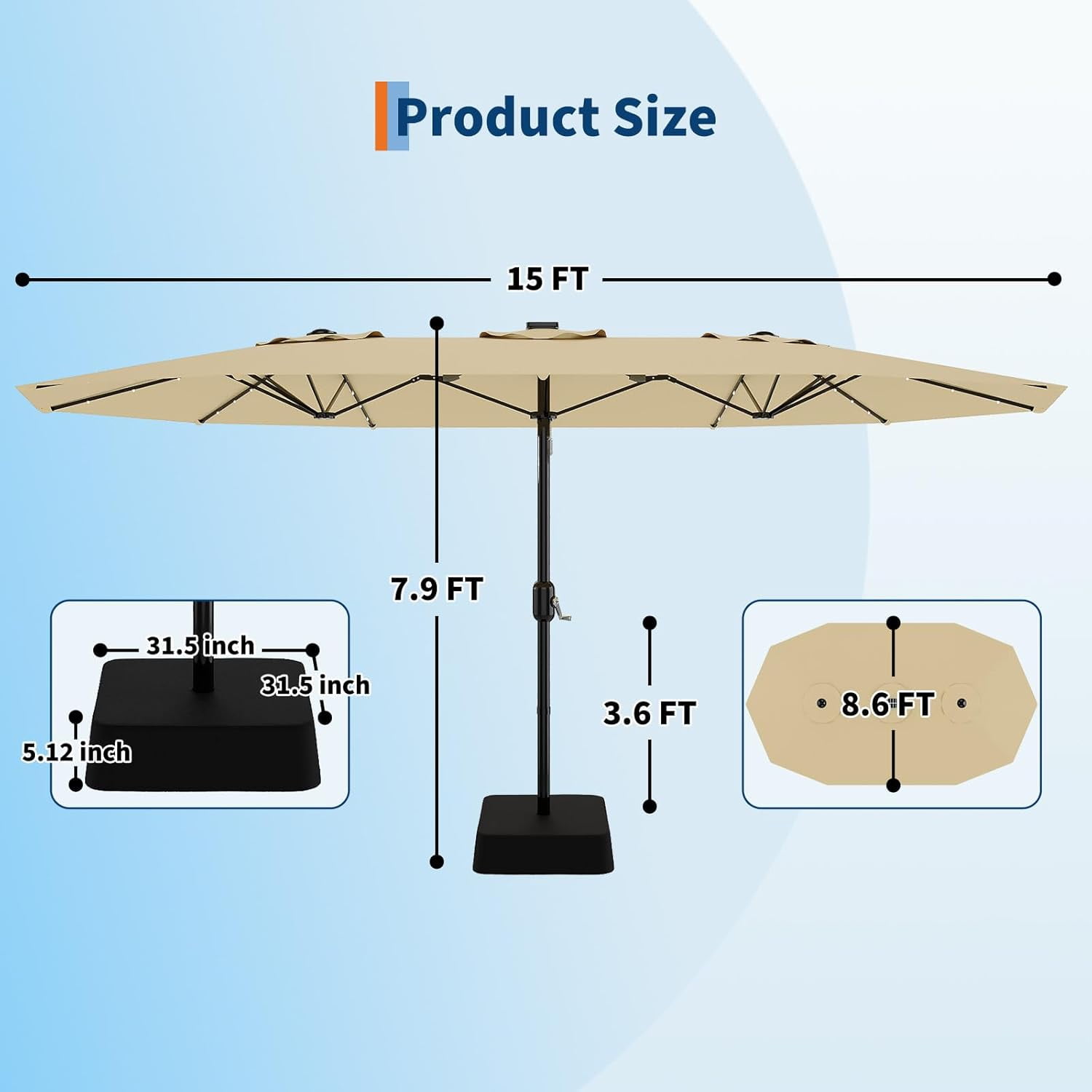 ChaoLink 15ft Large Patio Umbrella with Base & Solar Lights-Rectangular Patio Umbrella with Crank Handle, UV Protection for Outdoor Market