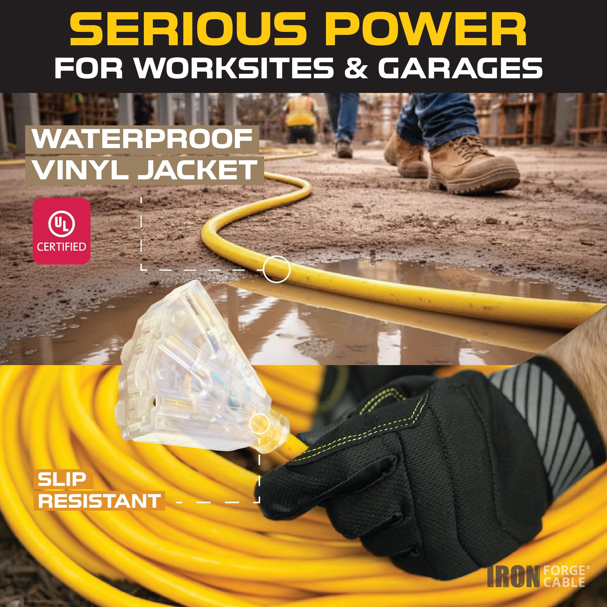 IRON FORGE CABLE 10 Foot Lighted Outdoor Extension Cord with 3 Electrical Power Outlets - 12/3 SJTW Heavy Duty Yellow Extension Cable with 3 Prong Grounded Plug for Safety, 15 AMP