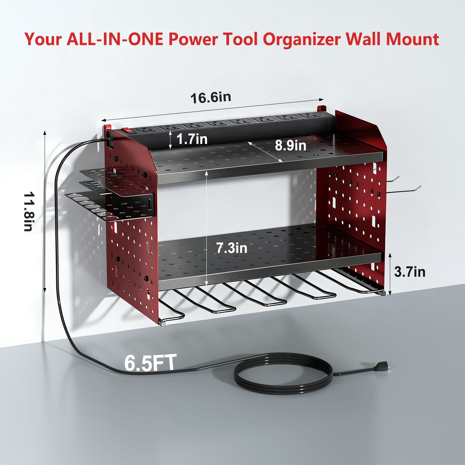ZHANGONG Power Tool Organizer with 8-Outlet PDU,  Wall Mount 3-Layer Heavy Duty Storage, 44lbs Load Capacity, 6.5FT Extension Cord for Workshop Garage