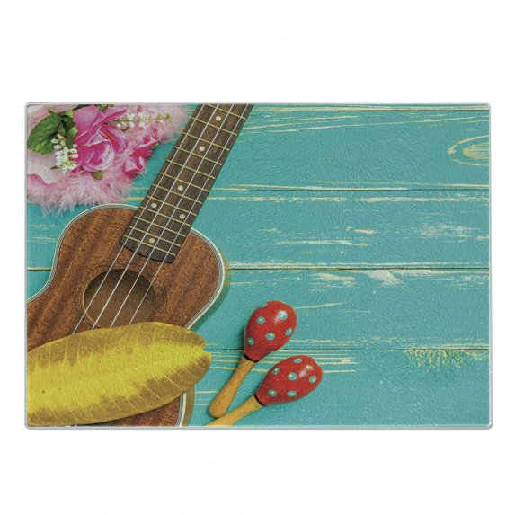 Music Cutting Board, Ukulele with Hawaii Style Background Wooden Classical Vacation, Decorative Tempered Glass Cutting and Serving Board, Small Size, Yellow Brown Aqua, by Ambesonne