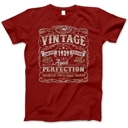 80th Birthday Gift T-Shirt - Born In 1939 - Vintage Aged 80 Years Perfection - Short Sleeve - Mens - Red T Shirt - (2019 Version)