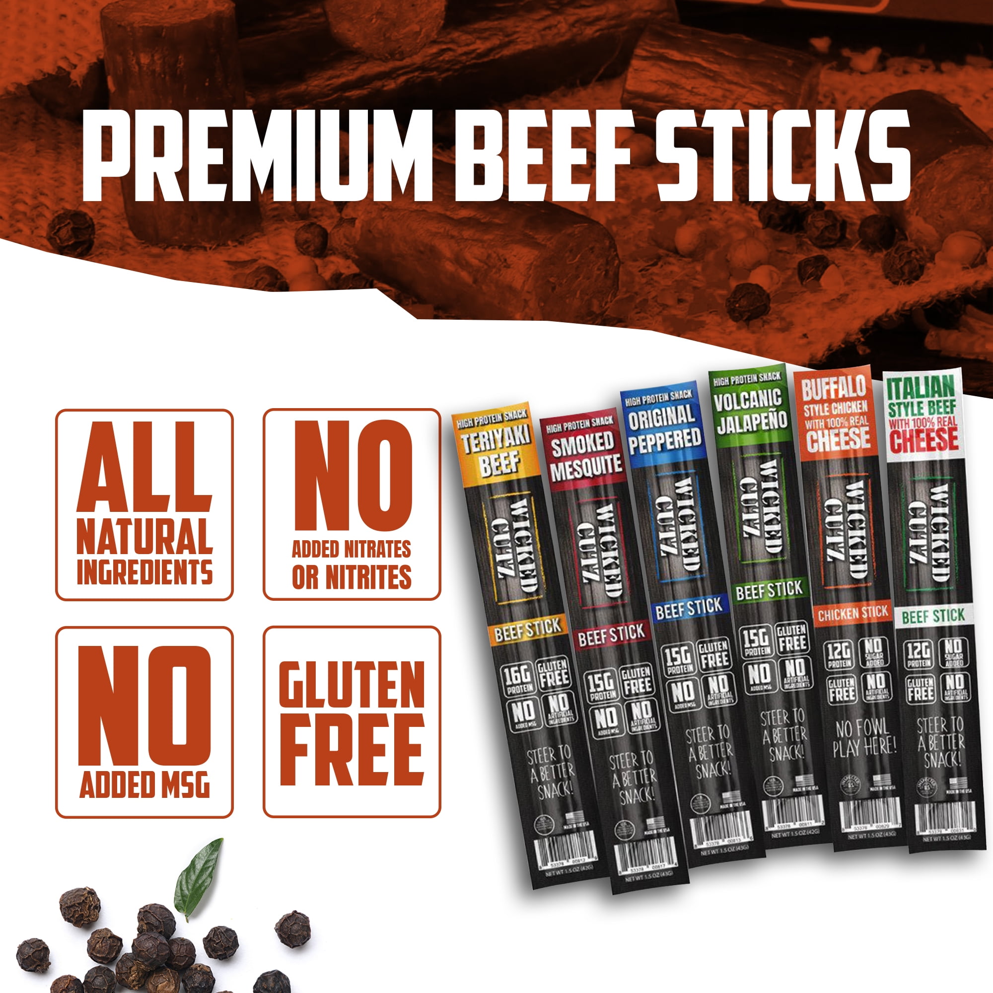 Wicked Cutz Premium Beef Jerky Sticks, Protein-Rich, 6-Flavor Variety Pack, 1.5 oz, 18-Pack