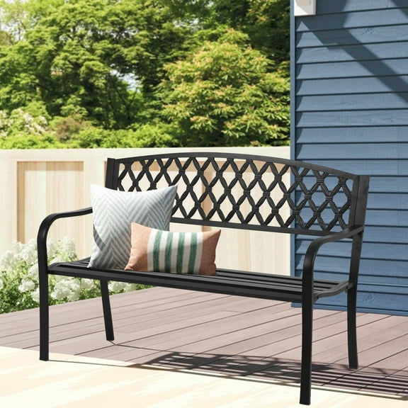 NiamVelo 50" Outdoor Garden Bench 400 lbs Patio Metal Bench Chair with Steel Frame for Park Backyard Deck, Black