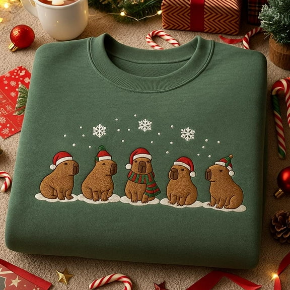 Embroidered Capybara Christmas Sweatshirt, Cute Holiday Animal Crewneck, Funny Capybara Sweater, Cozy Winter Xmas Gift, Gift For Capy Lover