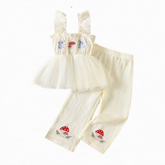 TOWED22 Toddler Infant Girls Clothes Solid Color Sleeveless Ruffle Halter Tops Camisole Linen Pants Set Baby Summer Outfits(White,18-24 M)