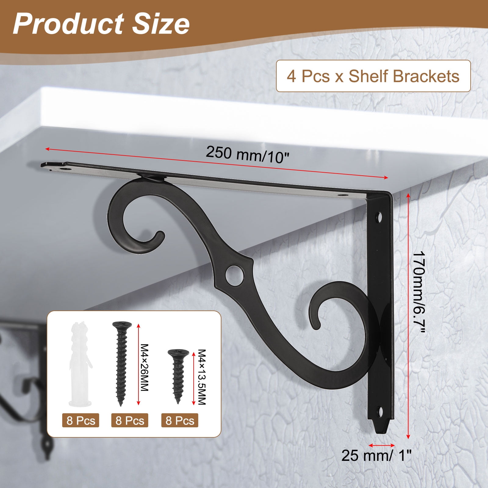 Uxcell 4 Pcs Decorative Shelf Brackets, 8" x 5" Heavy Duty Floating Shelf Brackets for Wall Bookshelves Shelves Support, Black