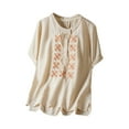thumbnail image 3 of Dazajoo Short Sleeve Linen Shirt Women Boho Floral Embroidered Round Neck Tops Summer Casual Lightweight T Shirts,Beige,XXL, 3 of 9