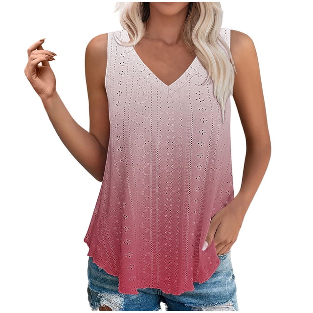 Plebaso Womens Tank Tops V Neck Gradient Lightweight Eyelet Shirts Flowy Loose Summer Sleeveless Blouses