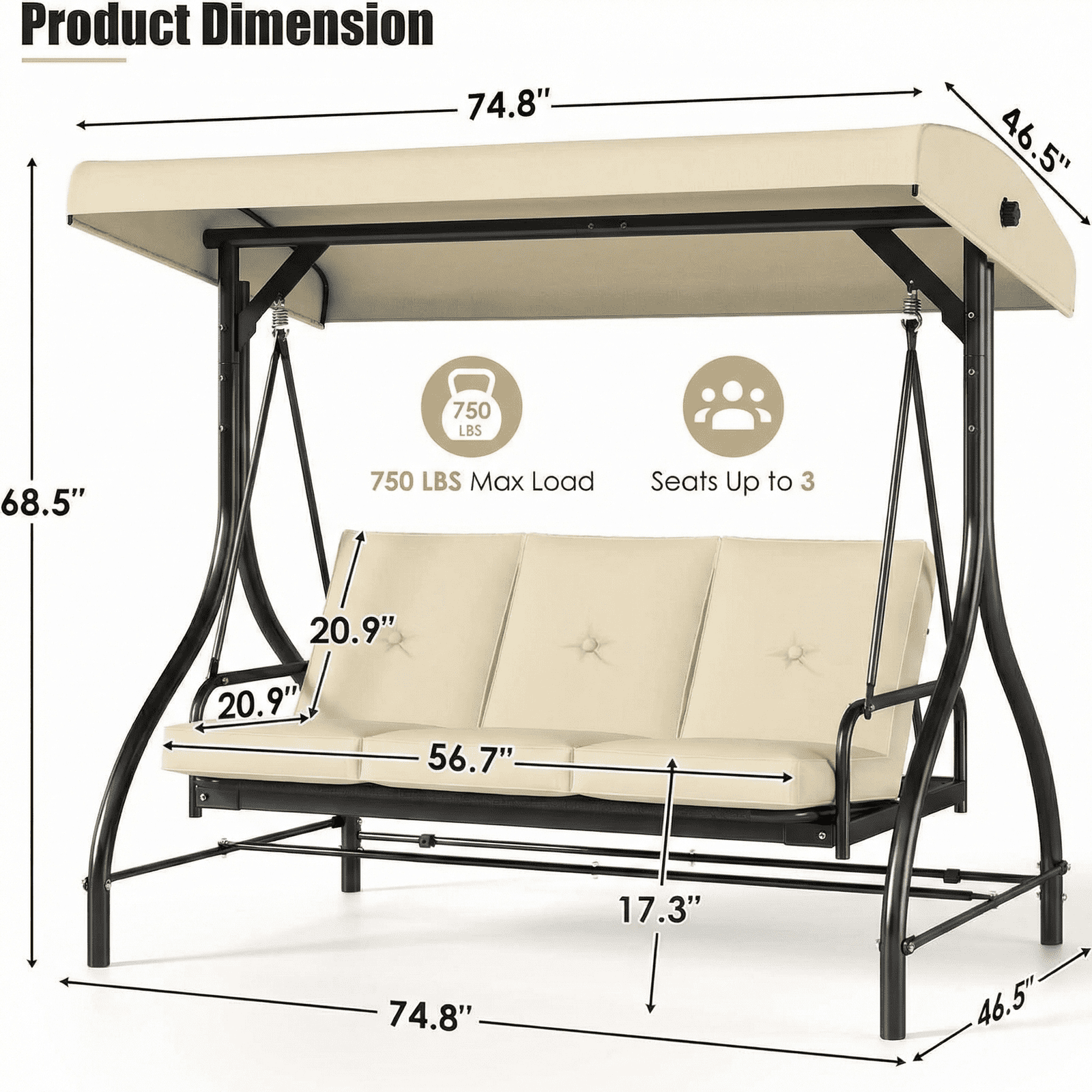 Pirecart 3-Seat Patio Porch Swing, Outdoor Converting Swing Chair with Canopy & Cushion, Graden, Yard, Beige
