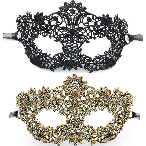 LAICAIW 2 pcs Masquerade Lace Mask for Women, for Cosplay Venetian Mardi Gras Halloween Party - Black, Gold