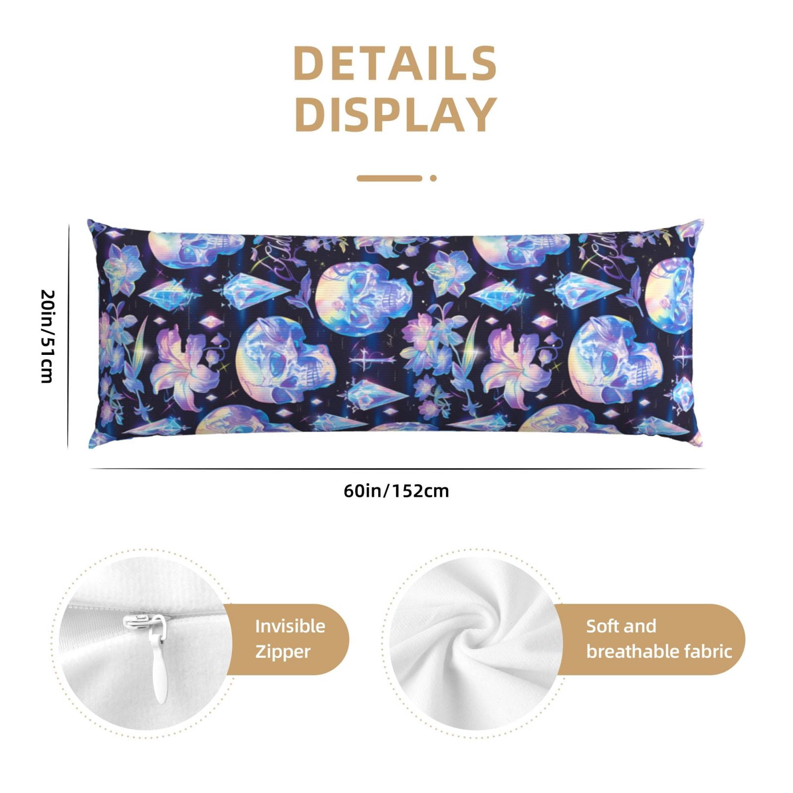 Naloa crystal cool Skull flower Super Soft 20x60 Body Pillow Case,Long Side Hidden Zipper（PILLOWS ARE NOT INCLUDED）