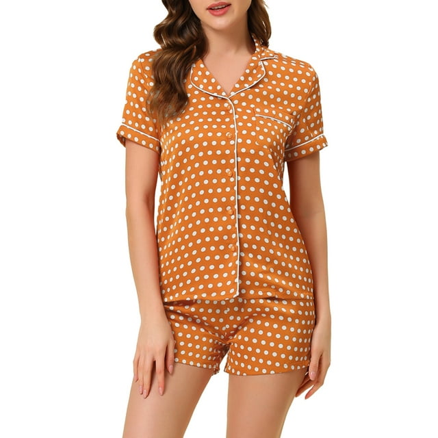 INSPIRE CHIC Pyjama pour Femme à Manches Courtes, Col à Encoche, Passepoilé, Boutonné, à Pois, Ensemble de Pyjama, Grand, Brun