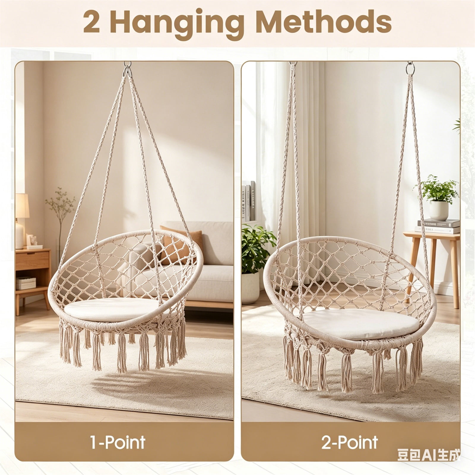 Hommoo Macrame Swing Chair Hammock Chair with Round Cushion Seat, Handmade Knitted Relax Hanging Cotton Rope Chair for Home, Beige