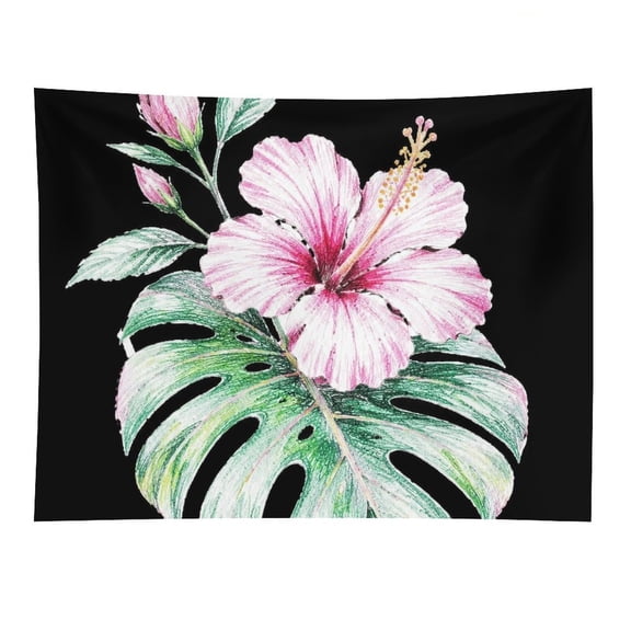 BCIIG Hibiscus Flower Monstera Leaf Black Background Tapestry, Polyester Print Wall Hanging Tapesties for Bedroom Dorm Living Room, Aesthetic Home Decor for Adults And Family
