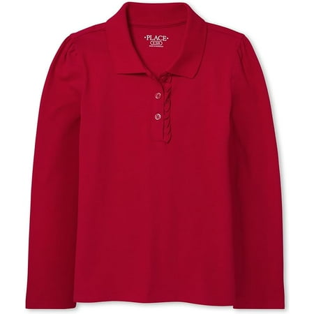 The Children's Place Girls' Long Sleeve Ruffle Pique Polo, Ruby, XS