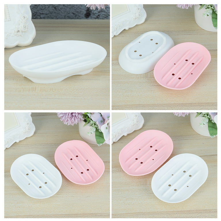 4pcs Home Bathroom Non-slip Silicone Soap Holder Hollow Drain Soap Dish for  Bathroom Kitchen (White, Pink) 