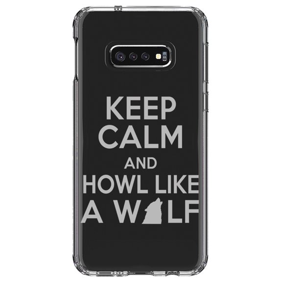DistinctInk Clear Shockproof Hybrid Case for Samsung Galaxy S10e (5.8" Screen) - TPU Bumper Acrylic Back Tempered Glass Screen Protector - Keep Calm Howl Like a Wolf