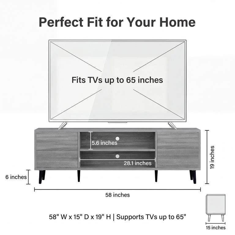 Vineego TV Stand for 65 Inch TV with 2 Push-to-Open Doors, Mid-Century Modern Media Console with Open Shelves, Entertainment Center for Living Room Bedroom, Gray