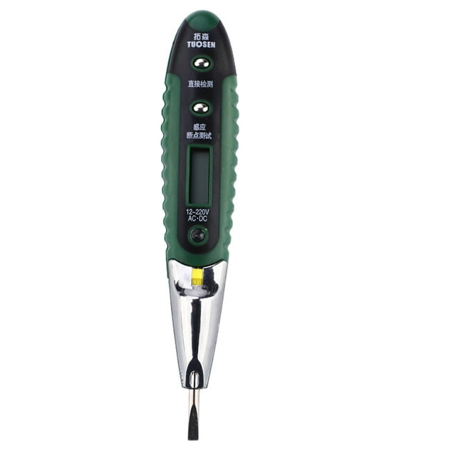 MasteelfCA Voltage Detector Digital Reading Tester Electric LED Flashlight Tester in green. The device features a plastic alloy head and measures 14.2x3x3cm. It is designed for direct measurement of 12-220V and indirect current detection, with a clear digital display for easy reading. The tester includes an LED flashlight for emergency use and is durable for long-term operation. Not suitable for 380V power supply or use as a common screwdriver.