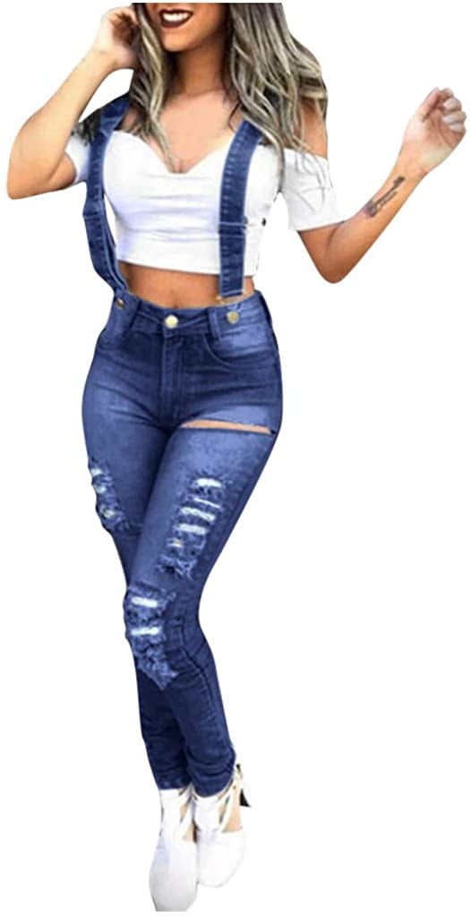 Women's Fashion Ripped Denim Overalls 