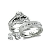 His and Hers Stainless Steel CZ Bridal Matching Wedding Ring Set   Sterling Silver Stud Earrings