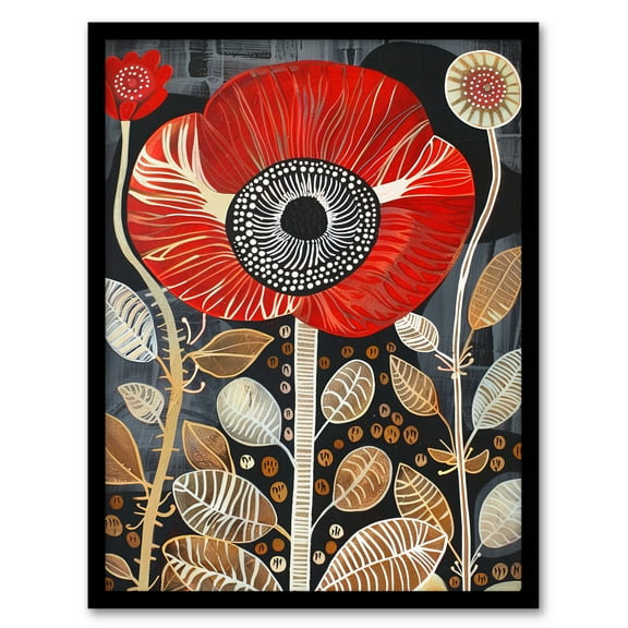 Artery8 Poppy Flower Red Gold Grey Modern Folk Art Living Room Art Print Framed Poster Wall Decor 12x16 inch