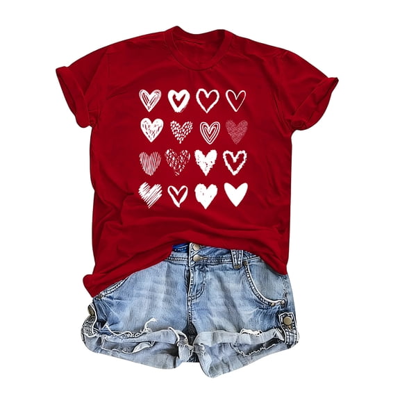 Tbopshirt Summer Tops for Women Graphic,Valentine's Day Heart Fun Print Crew Neck Short Sleeve Plus Size T-Shirts Red,L