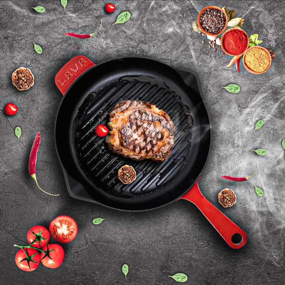 Lava Enameled Cast Iron Grill Pan 11 inch-Edition Series with Pour Spouts  Red 