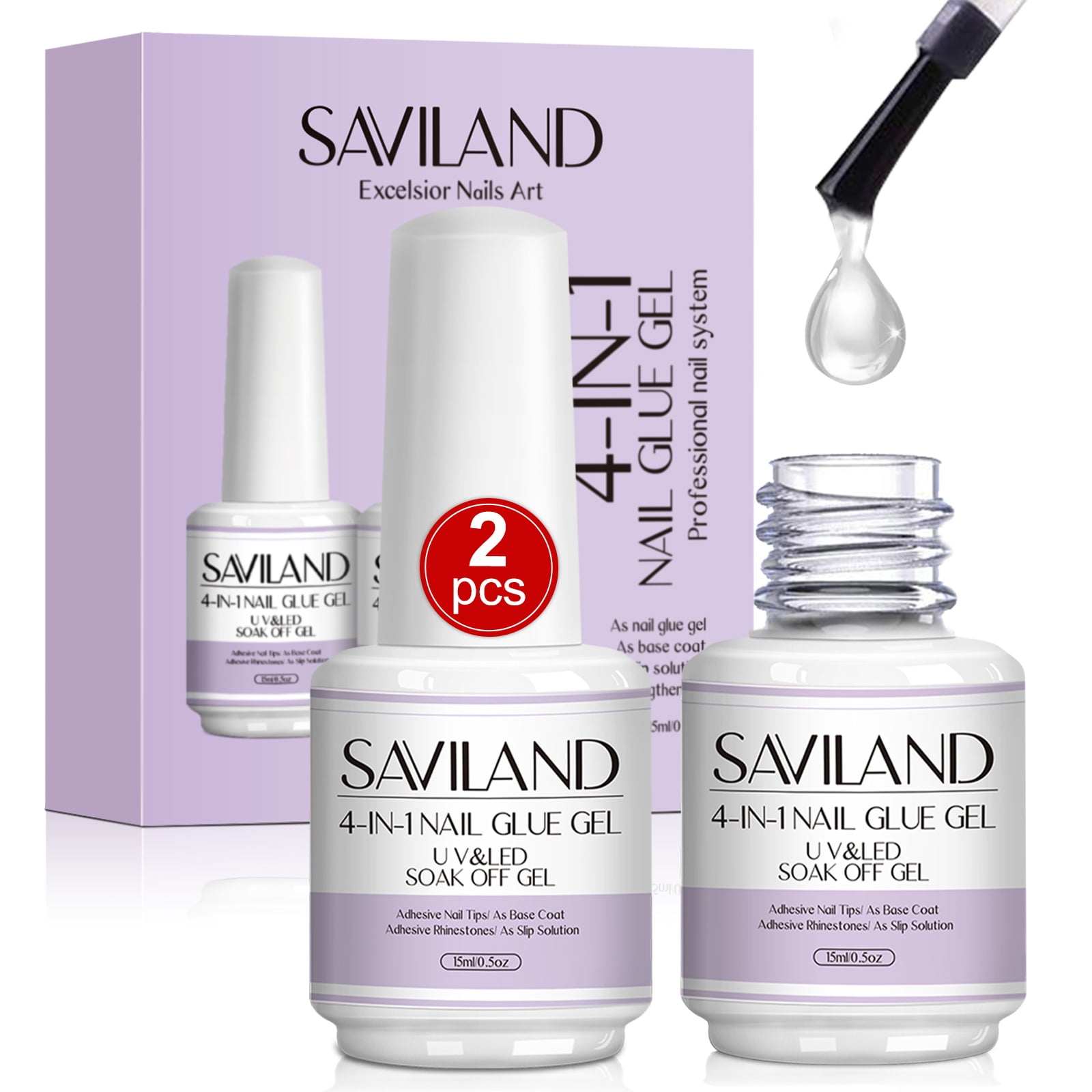 Saviland 2PCS Nail Glue Gel for Fake Nails - 4-In-1 UV Nail Glue Gel for Acrylic Nail and Press on Nails