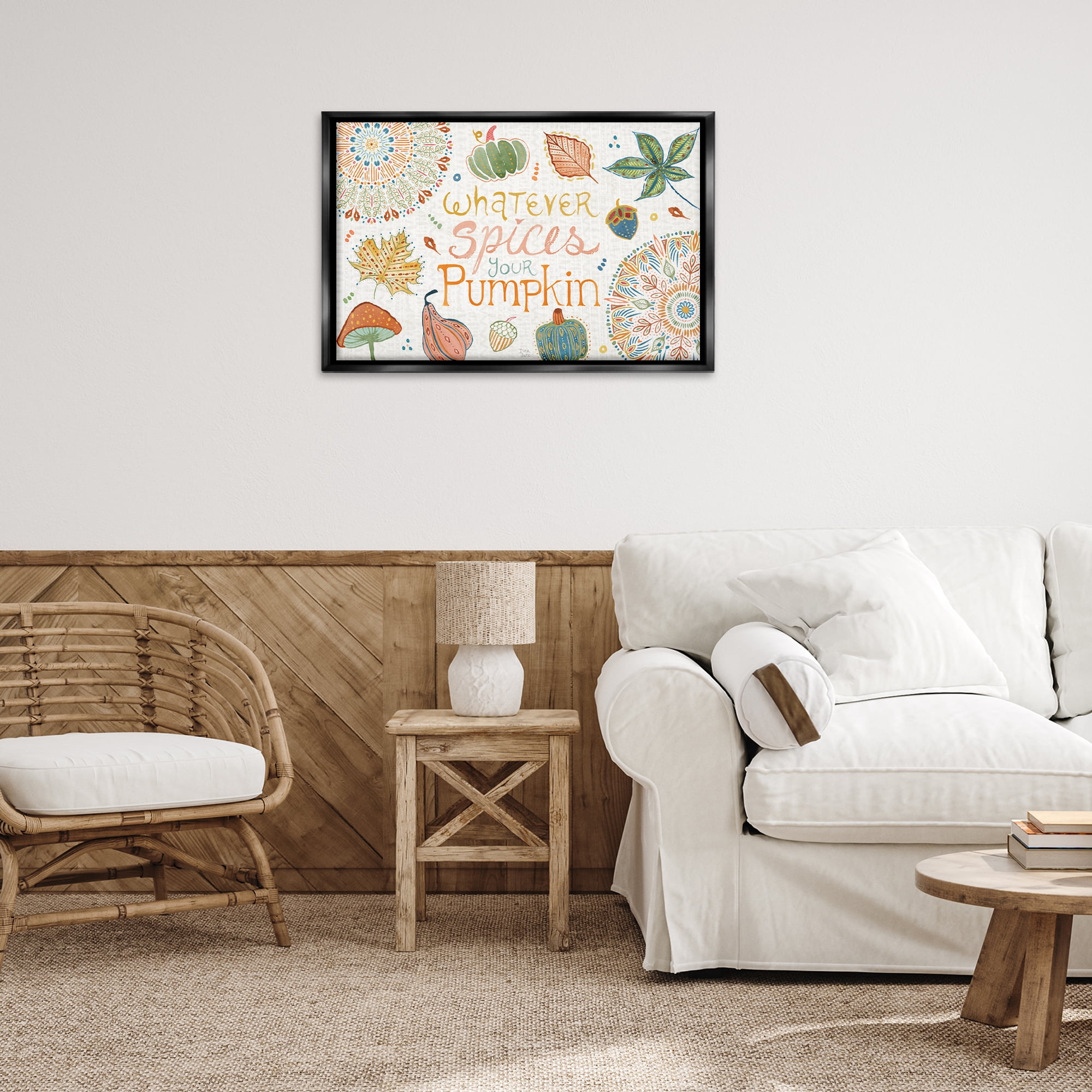 Stupell Industries Whatever Spices Your Pumpkin Holiday Painting Black Floater Framed Canvas Art Prints Wall Art, 31 x 21