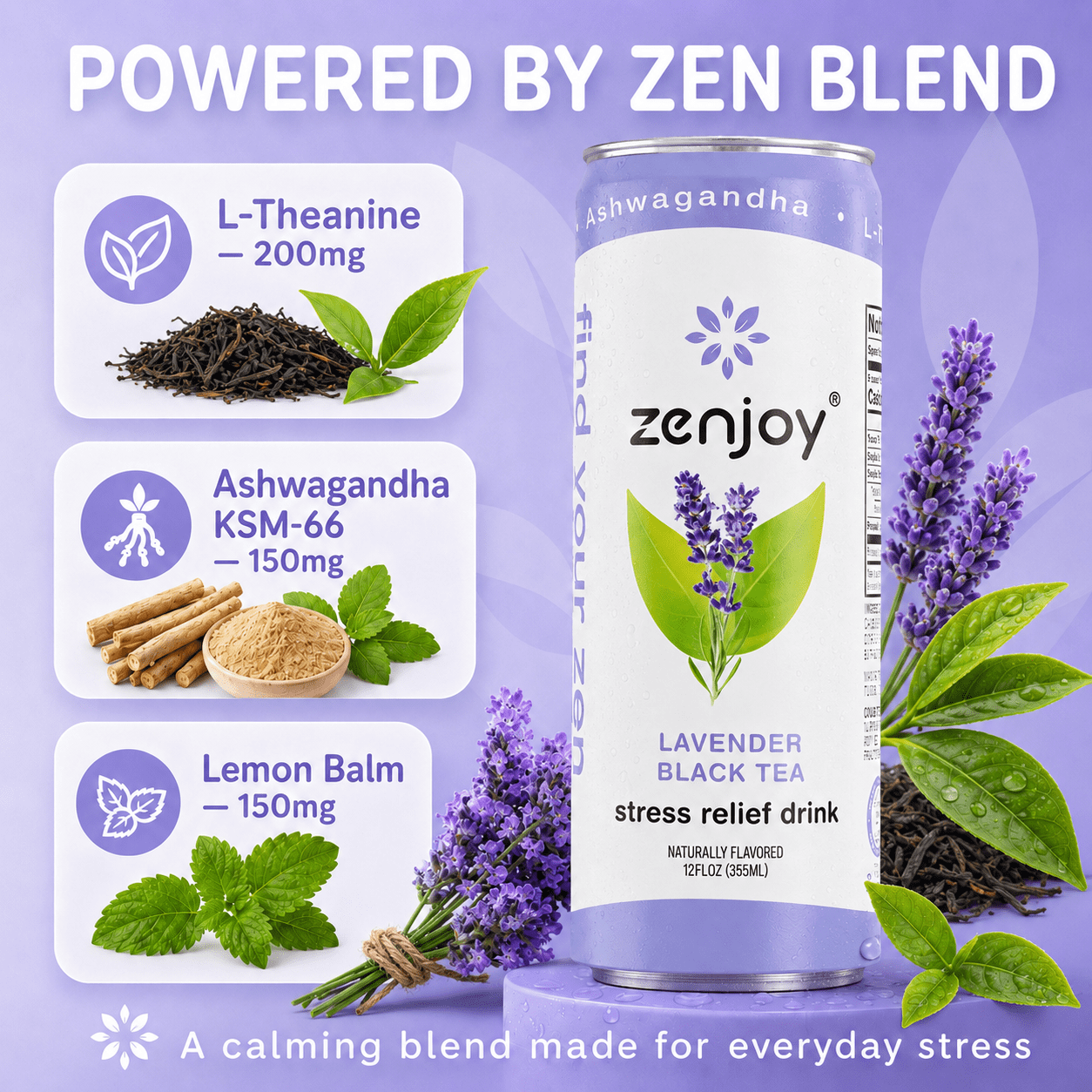 Zenjoy Stress Reief Drink, Calming Black Tea, Non Alcoholic, Ashwagandha & Lemon Balm for Stress Relief, L - Theanine for Focus (12 Pack) (Lavender)