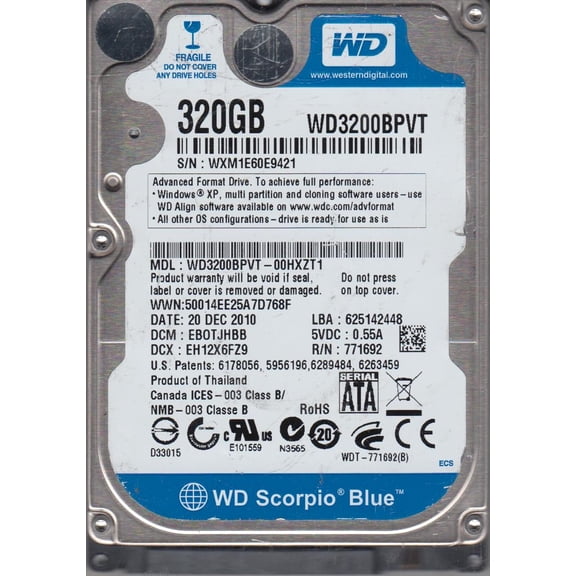 WD3200BPVT-00HXZT1, DCM EBOTJHBB, Western Digital 320GB SATA 2.5 Hard Drive