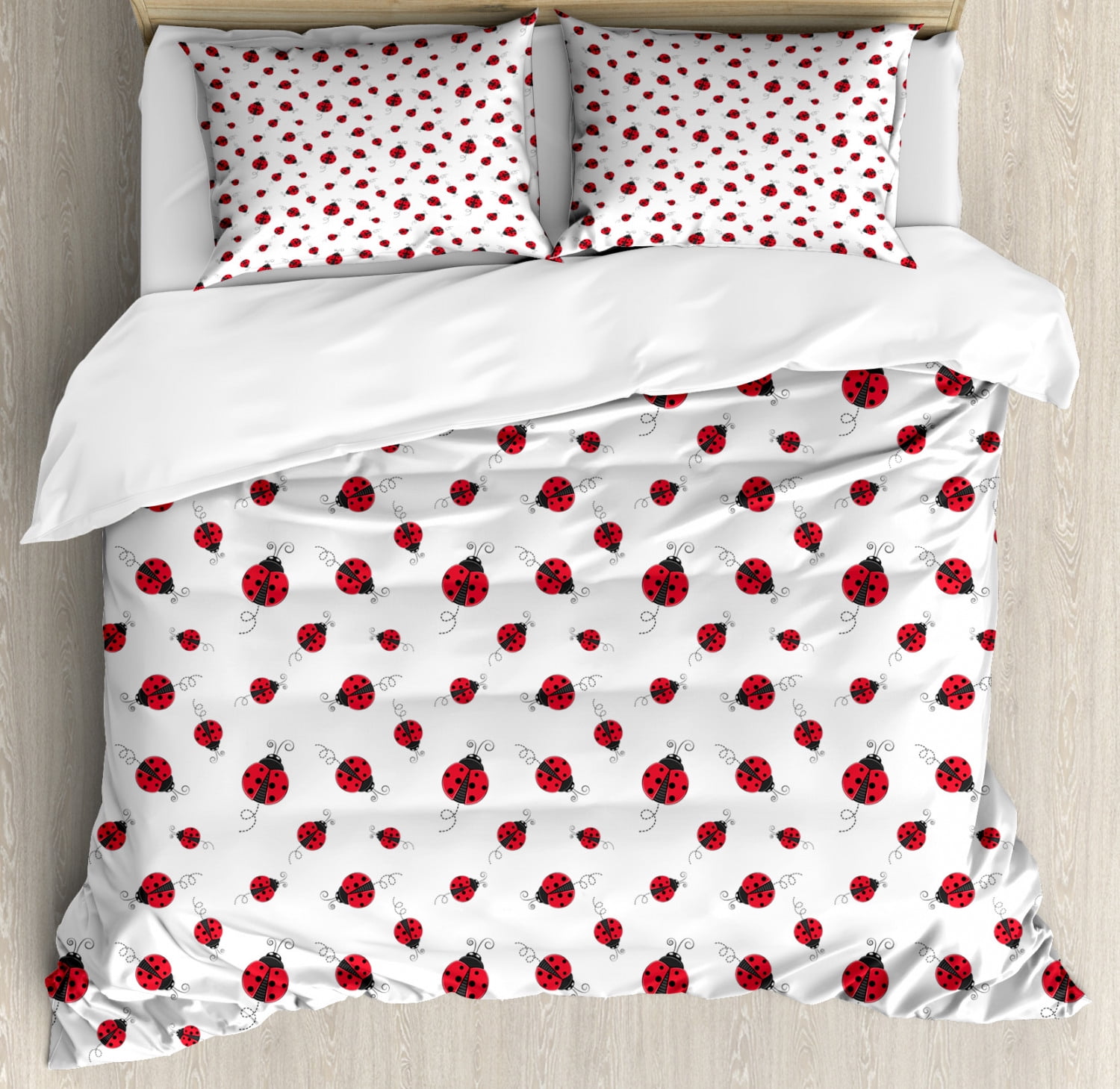 Ladybugs Duvet Cover Set, Ladybug with Dotted Wings Swirls and Curves Pattern Animal, Decorative