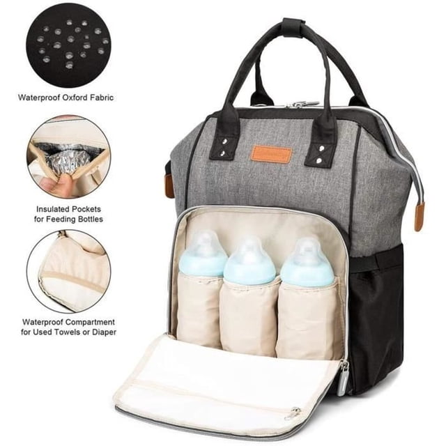 JASENX Waterproof Diaper Bag Backpack - Large Capacity - Grey and Grey