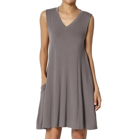 TheMogan Women's PLUS Sleeveless V-Neck Pocket Swing Flared Long Tank Top Mini Dress