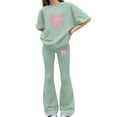 thumbnail image 2 of EnJoCho Girls 2 Piece Outfits Kids Cute Bow Short Sleeve Top Long Flare Pants Bell Bottoms Set Summer Athletic School Clothes Little Girls Linen Short Sleeve Pants Outfit, 2 of 5
