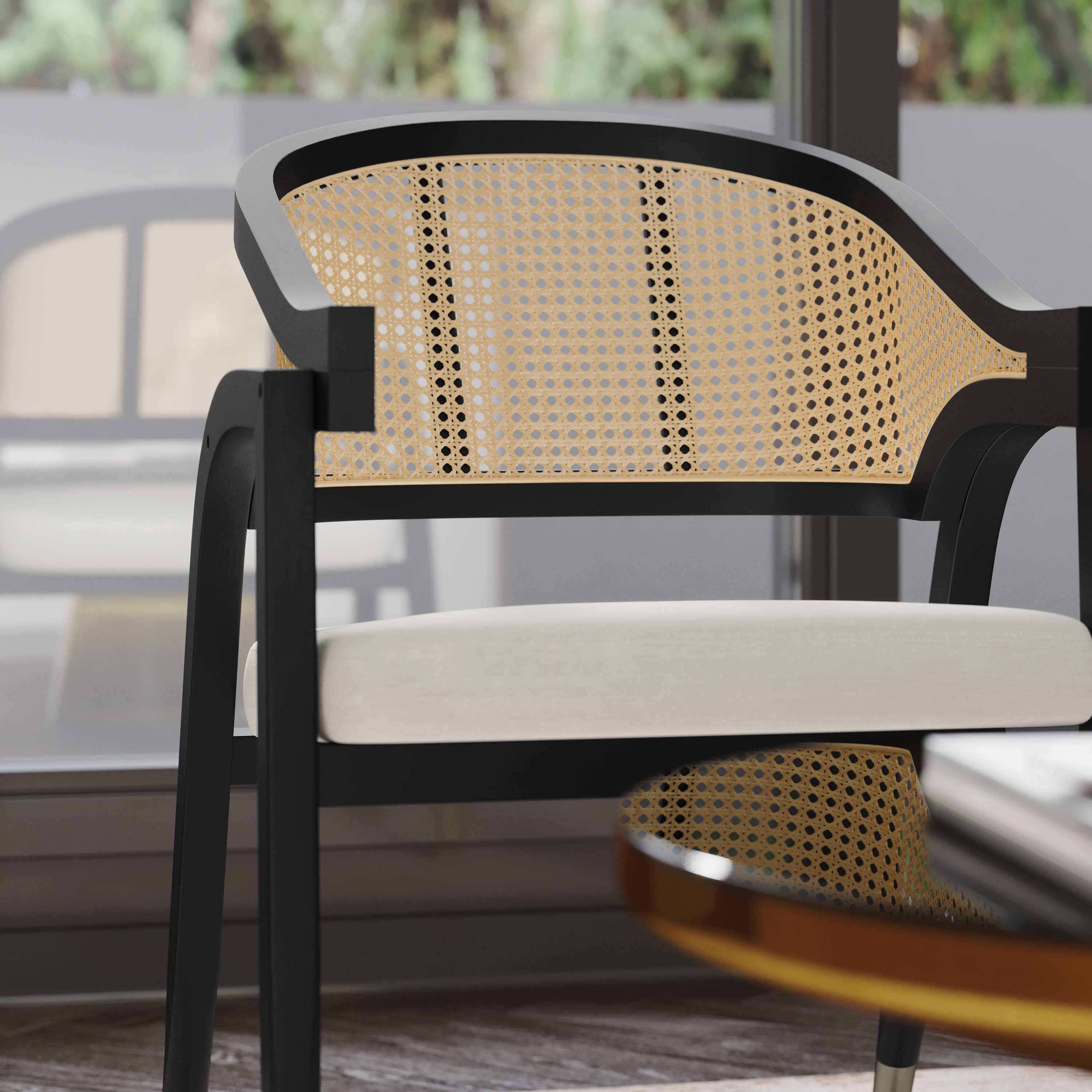 Emma + Oliver Cane Rattan Dining or Accent Chair with Black Solid Wood Frame, Natural Woven Backrest and Beige Cushioned Seat