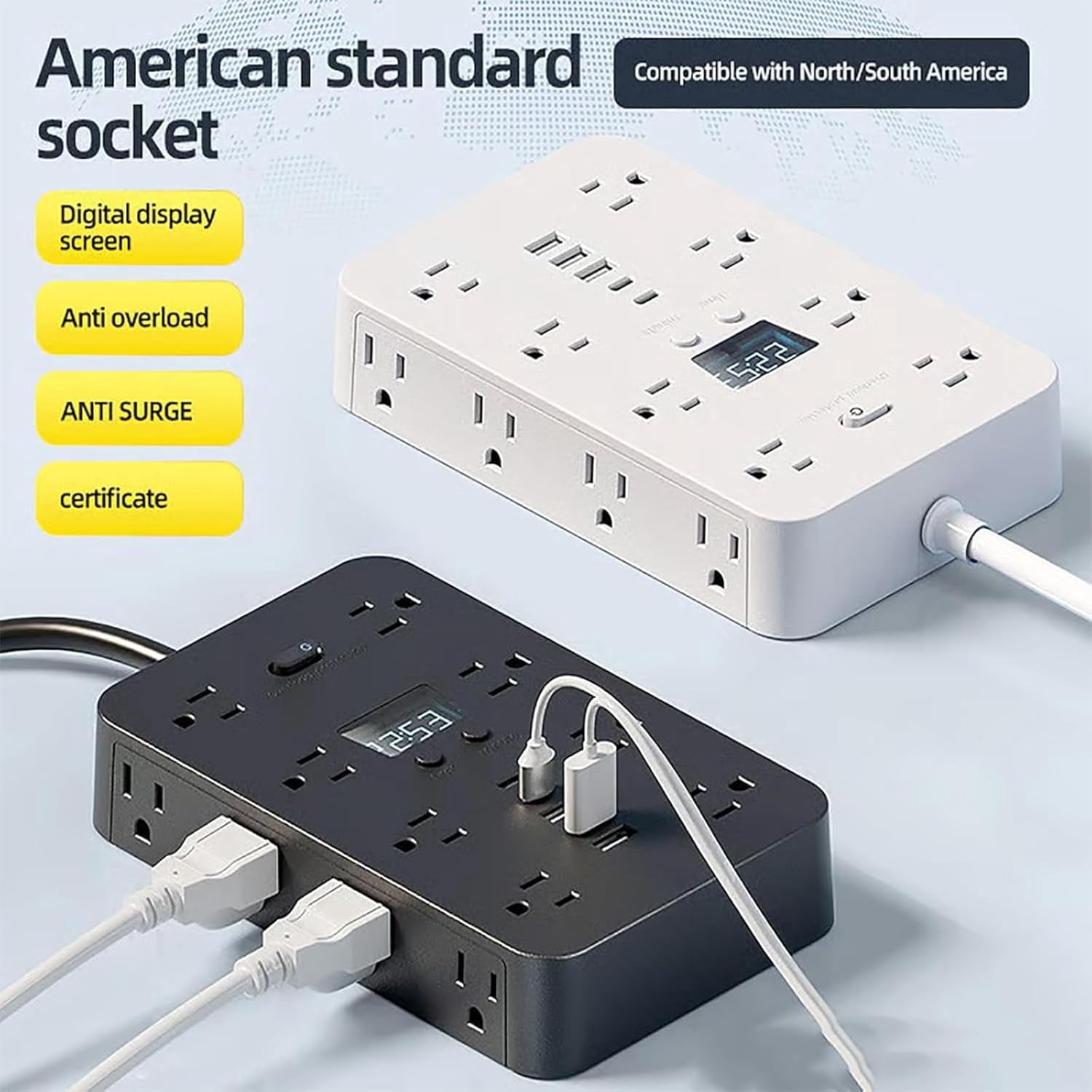 JOUALY 21-in-1 Power Strip with Digital Clock, Surge Protector with 16 Wide Spaced AC Outlets & 5 USB Ports(3A2C), Flat Plug 5FT Cord, FCC Certified USB Charging Station for Home Office Dorm, black