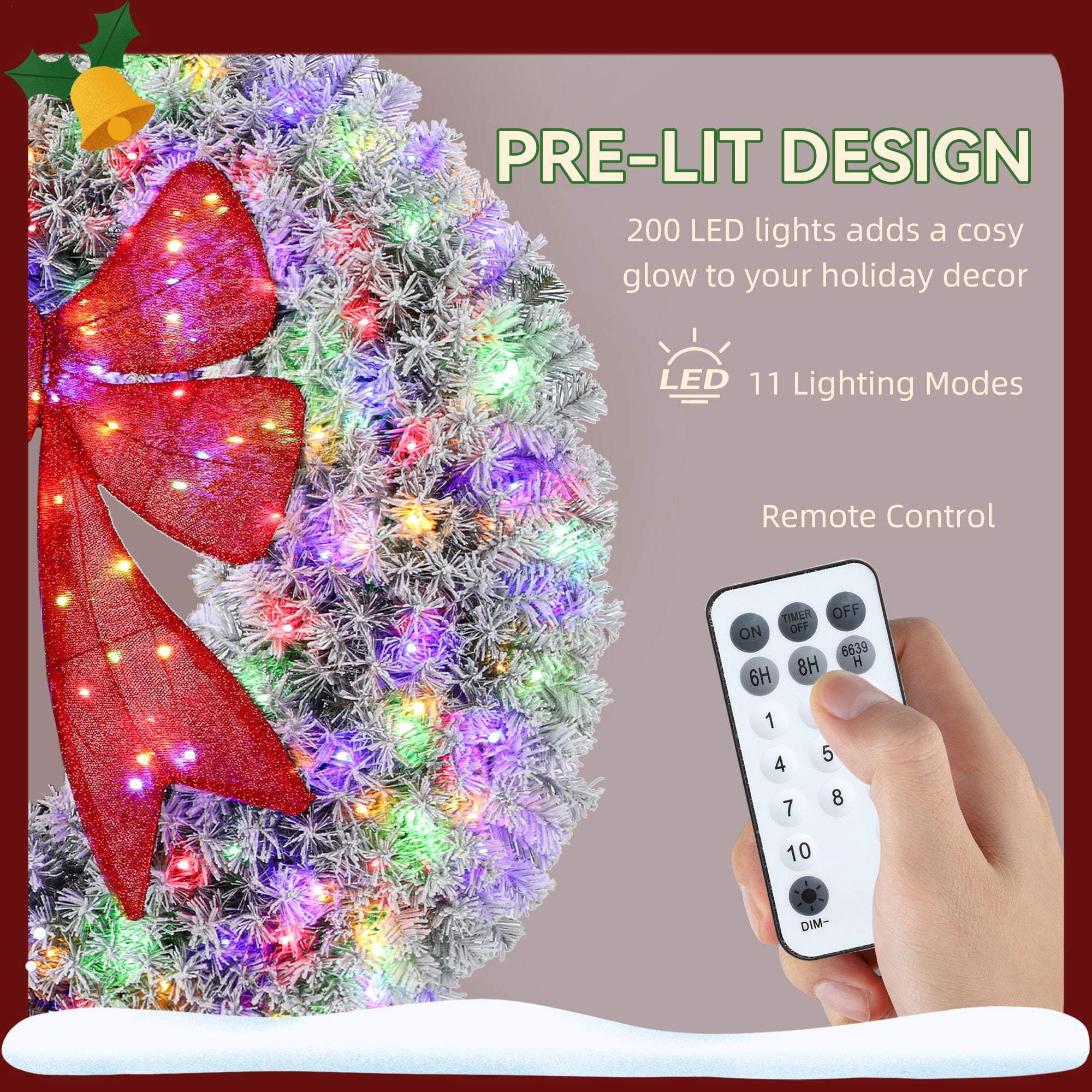 48-Inch Pre-Lit Christmas Wreath with 3D Bow, 200 LED Lights, 11 Lighting Modes, Remote Control, Flocked Front Door Decoration for Indoor and Outdoor Use