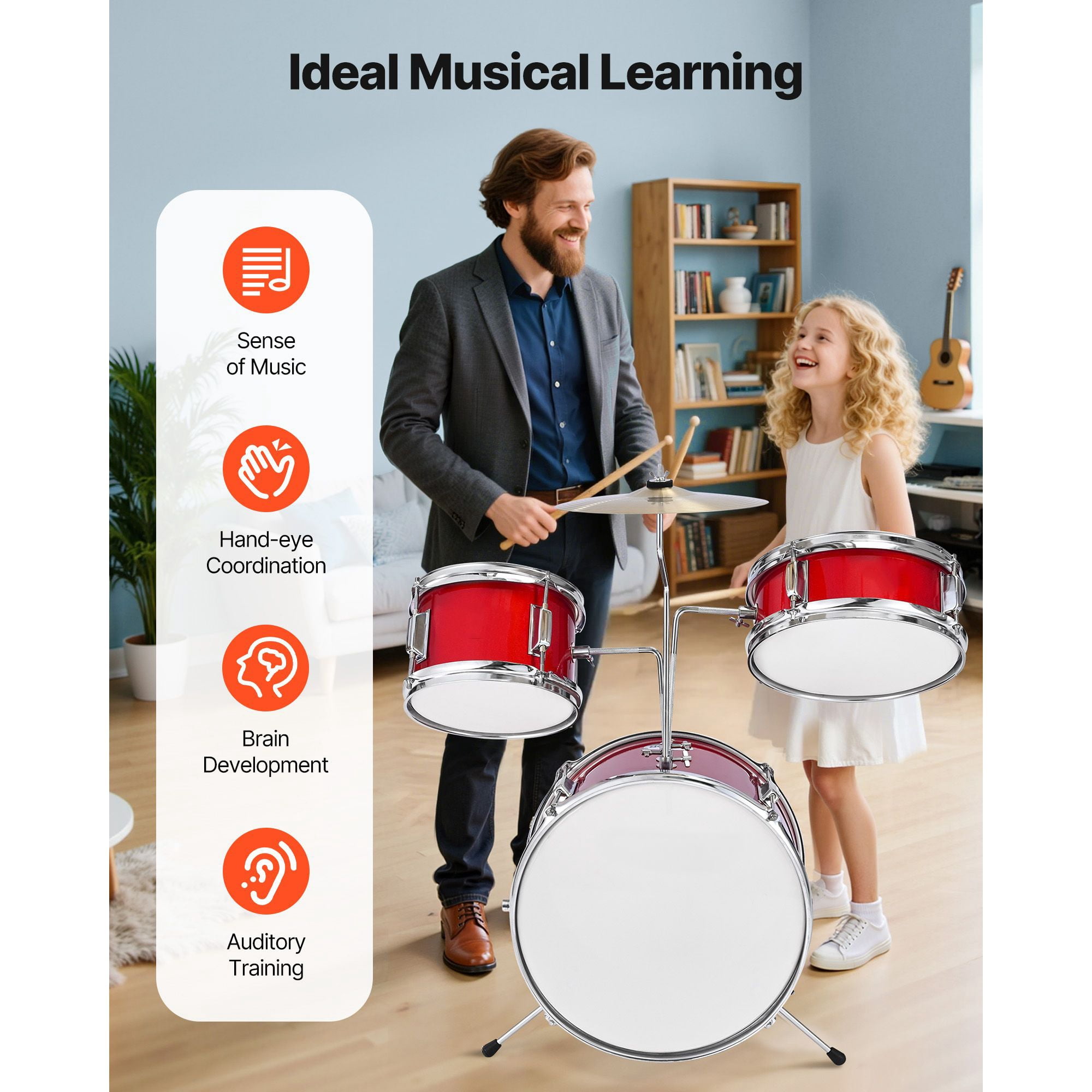 Kids Drum Set, 3-Piece 14 in Junior Drum Sets, Beginner Drums Set with Adjustable Throne, Cymbal & Two Pairs of Drumsticks, Musical Learning Drums Instruments Kit, for Children Ages 6-13 (Red)