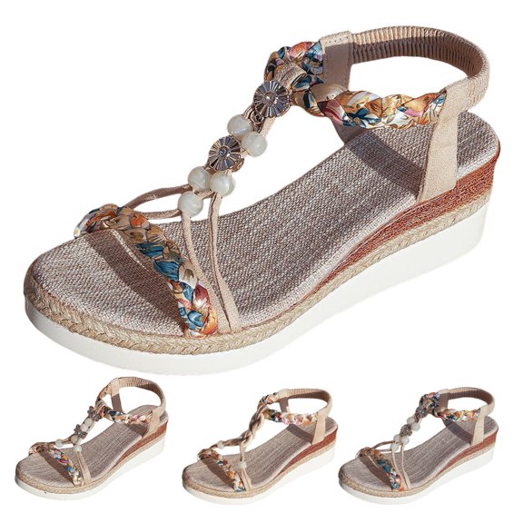 Modisza Womens Bohemia Wedge Sandals Woven Beaded Strap Dressy Sandal Summer Beach Low Wedge Heels Shoes for Vacation size 6.5 Beige