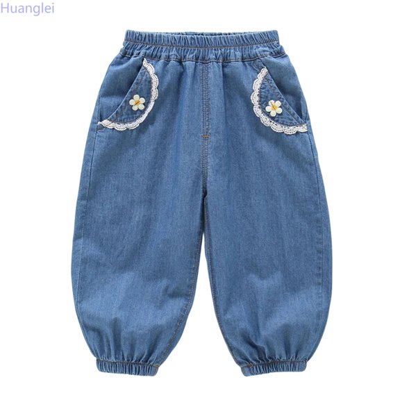 Huanglei Girls Summer Denim Pants Soft Casual Long Trousers For Toddler Baby Children Breathable Everyday Wear ,Casual School Jeans For Girls /Size 3-4 Years(Dark Blue)
