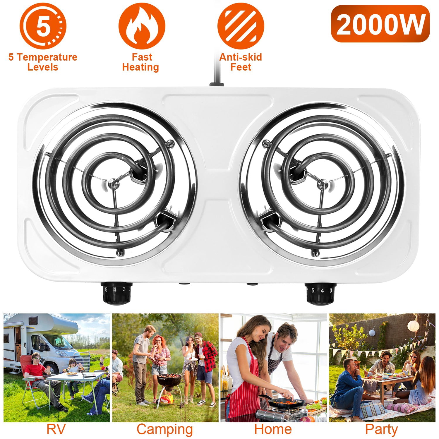Double Burner Electric Hot Plate 2000W Portable Stainless Steel Countertop Stove with 5 Temperature Levels Fast Heating Dual Cooktop for Home  Dorm RV Camping