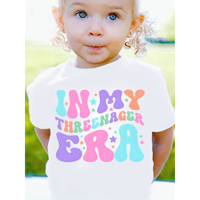 In My Threenager Era" Cute 3rd Birthday Tee - Soft Cotton, Machine Washable, Round Neck Short Sleeve Top for Girls - Perfect Summer Gift