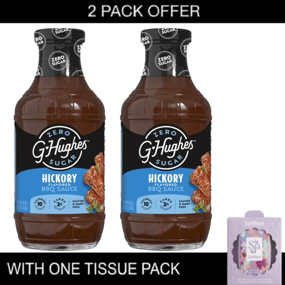 2x G Hughes Zero Sugar Hickory BBQ Sauce, 18 oz with tissue pack