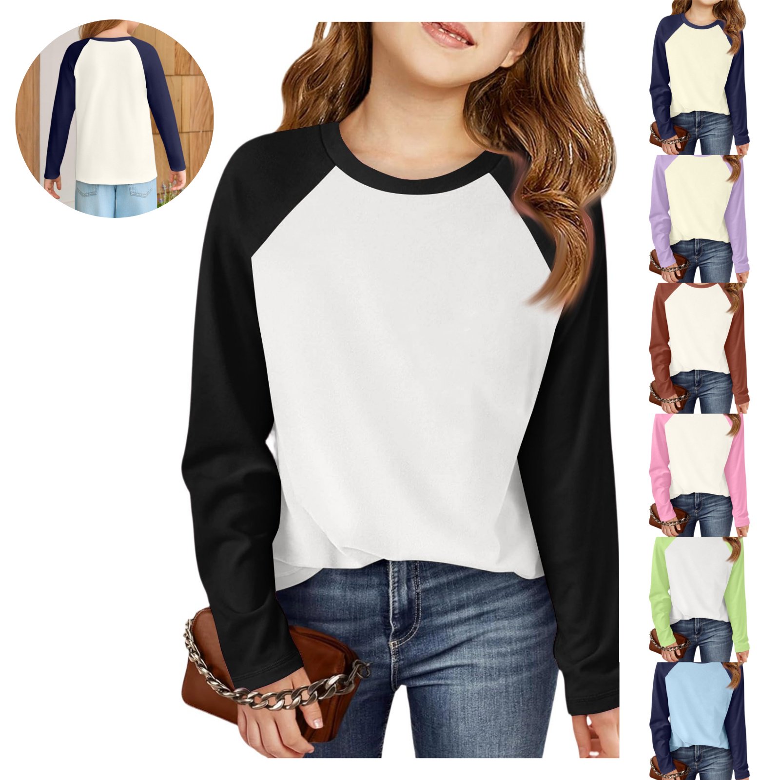 Mfakffe Kids Raglan Long Sleeve T-shirts Color Block Crew Neck Base Layer Tops Soft Breathable Casual Layering Shirt
