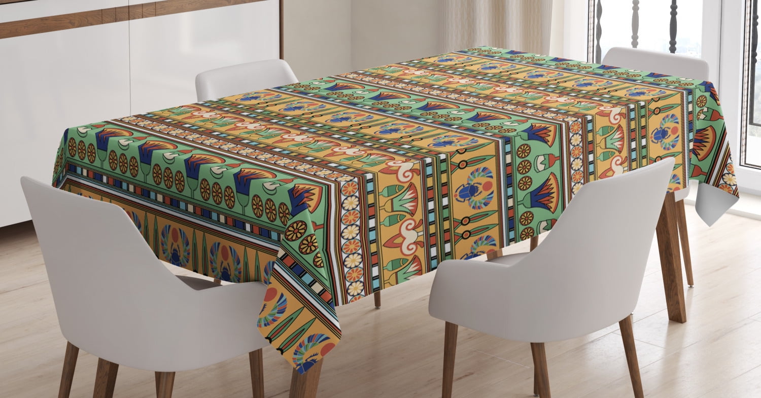 Egyptian Tablecloth, Ethnic Motifs Pattern with Lily Flower and Scarab Figures Abstract Artistic