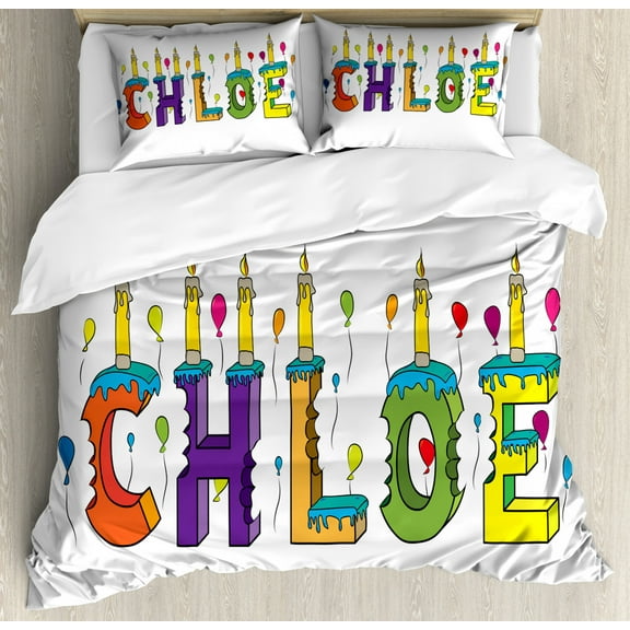 Chloe King Size Duvet Cover Set, Lettering with Cheerful Bitten Cake Candles Girly Birthday Party Design First Name, Decorative 3 Piece Bedding Set with 2 Pillow Shams, Multicolor, by Ambesonne