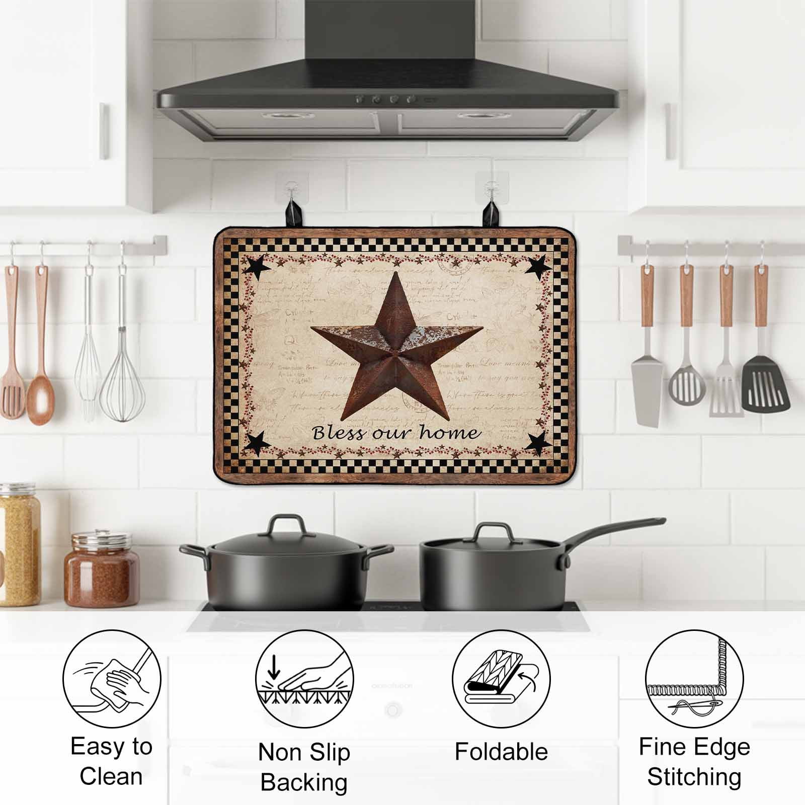Western Star Brown Stove Top Cover for Electric Stove, Heat-proof & Non Slip Glass Top Stove Cover Protector, Texas Stars Retro Farmhouse Buffalo Plaid Kitchen Flat Cooktop Rubber Mat 24x21 Inches